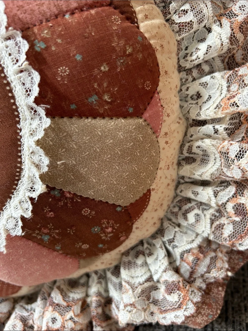 Decor Round Floral Quilted/lace Pillow - Rust/Pink/Cream - Butterfly/flowers